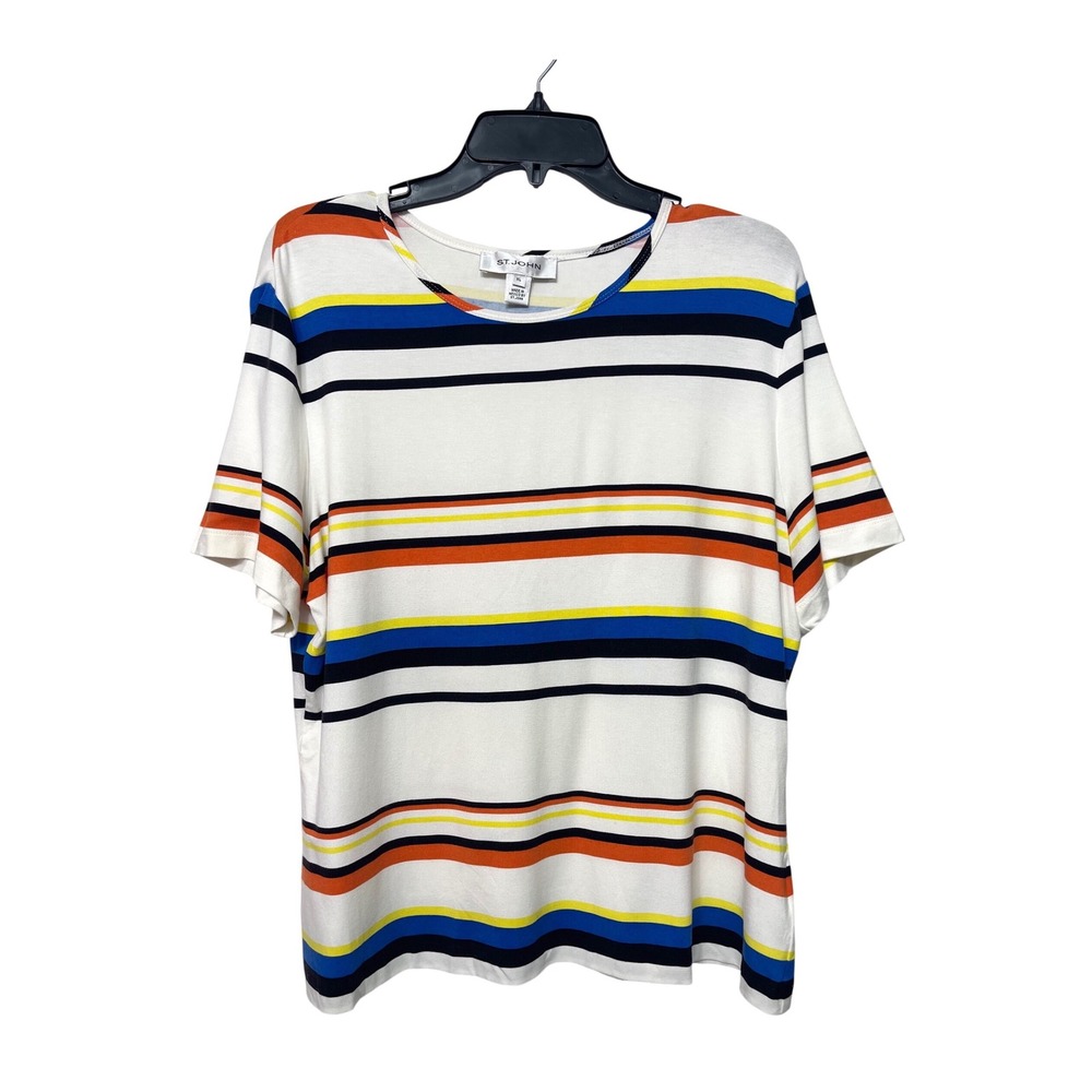 St. John Sport Womens XL Multi Color Striped Short Sleeve Rayon Knit Top White